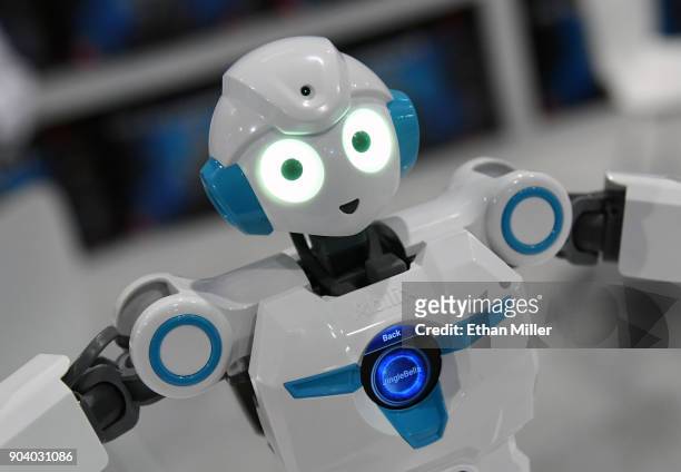 An Everest 4 humanoid series educational robot by Abilix "dances" during CES 2018 at the Las Vegas Convention Center on January 11, 2018 in Las...