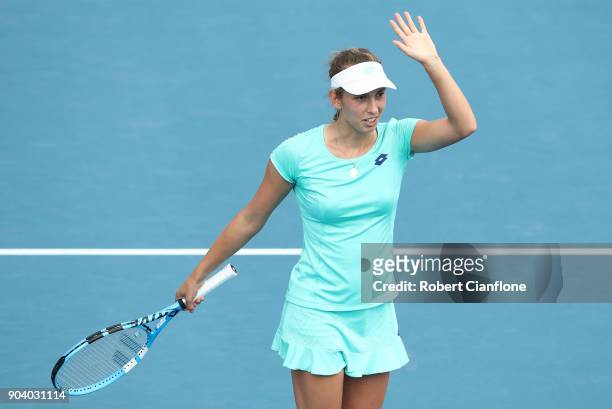 Elise Mertens of Belgium celebrates her win during her semi final singles match against Heather Watson of Great Britain during the 2018 Hobart...