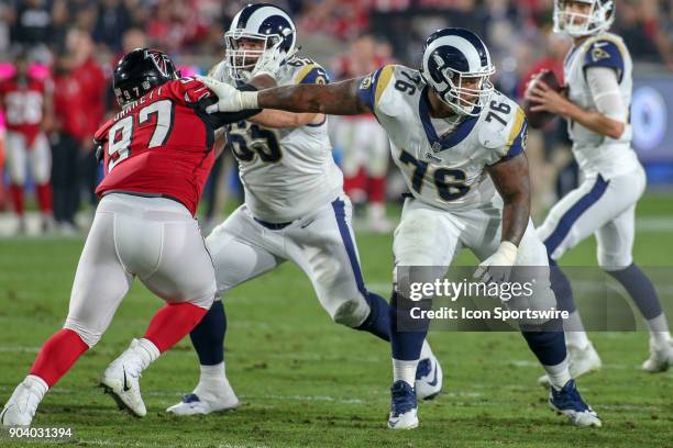 Los Angeles Rams offensive guard Rodger Saffold blocking during the NFC Wild Card football game between the Atlanta Falcons and the Los Angeles Rams...