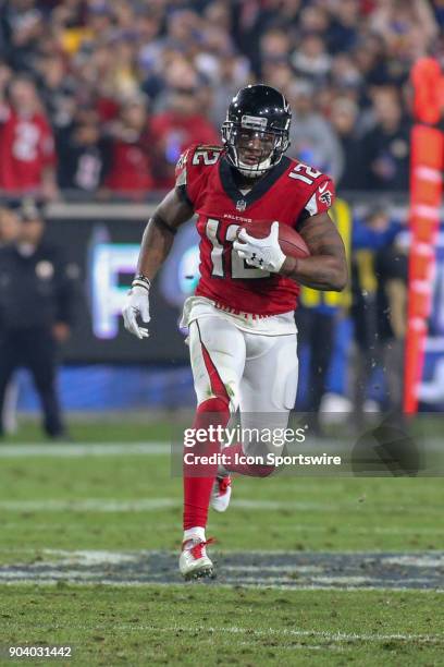 Atlanta Falcons wide receiver Mohamed Sanu catches the ball for a gain during the NFC Wild Card football game between the Atlanta Falcons and the Los...