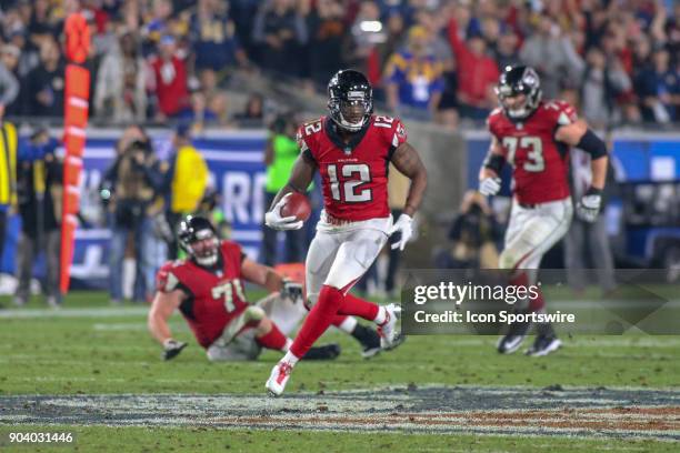 Atlanta Falcons wide receiver Mohamed Sanu catches the ball for a gain during the NFC Wild Card football game between the Atlanta Falcons and the Los...