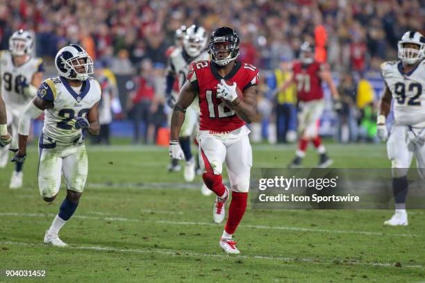 Atlanta Falcons wide receiver Mohamed Sanu catches the ball for a gain during the NFC Wild Card football game between the Atlanta Falcons and the Los...