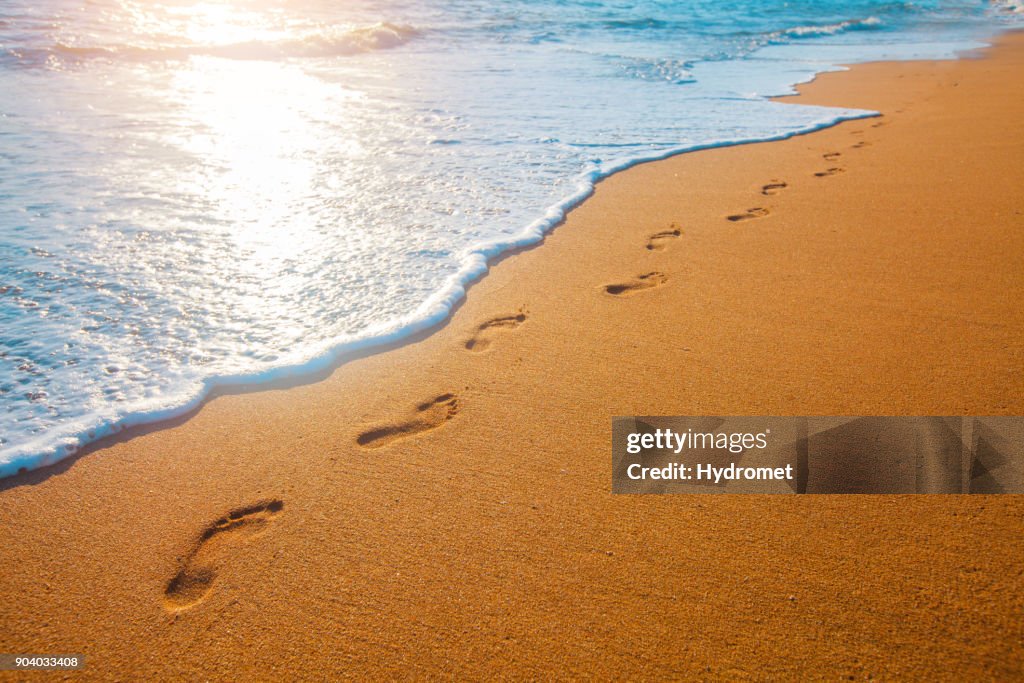Beach, wave and footprints at sunset time