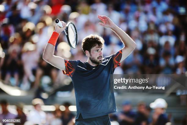 Robin Haase of the Netherlands celebrates winning the first set in his semi final match against Roberto Bautista Agut of Spain during day five of the...