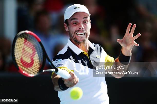 Roberto Bautista Agut of Spain plays a forehand in his semi final match against Robin Haase of the Netherlands during day five of the 2018 ASB Men's...