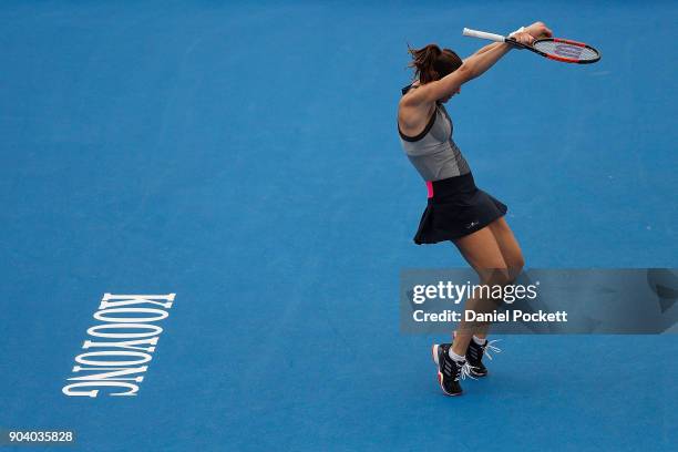 Andrea Petkovic of Germany has a dance for the crowd whilst rain breaks play in the WOmen's SIngles Final during day four of the 2018 Kooyong Classic...