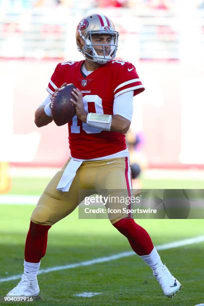 San Francisco 49ers quarterback Jimmy Garoppolo looks to pass during the San Francisco 49ers game versus the Tennessee Titans on Sunday, Dec. 17 at...