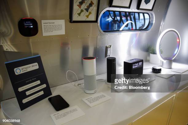 Various smart home devices enabled with Amazon.com Inc. Alexa voice assistant are displayed inside an Airstream Inc. Trailer at the 2018 Consumer...