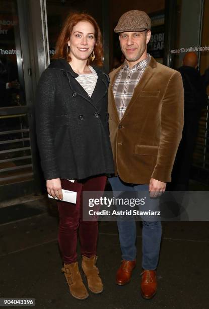 Actors Jessie Austrian and Noah Brody attend opening night of "John Lithgow: Stories By Heart" at American Airlines Theatre on January 11, 2018 in...