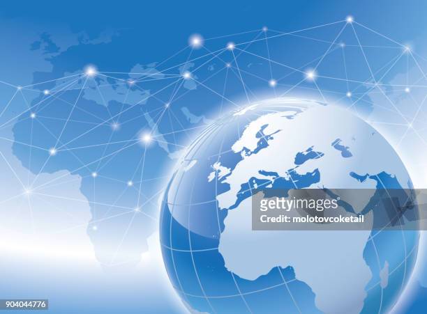 a world connectivity concept with a shiny globe in blue color - west asia stock illustrations