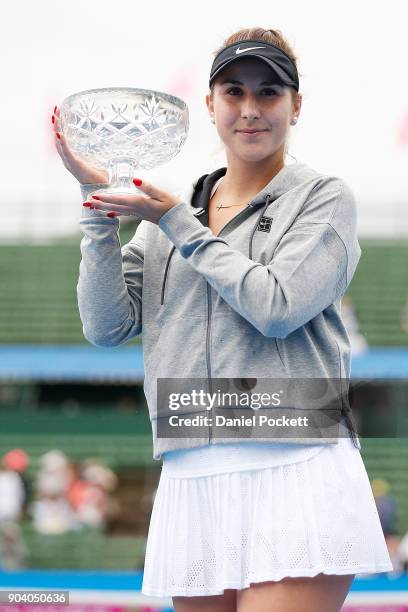 Belinda Bencic of Switzerland poses for a photo after defeating Andrea Petkovic of Germany in the WOmenb's Singles Final during day four of the 2018...