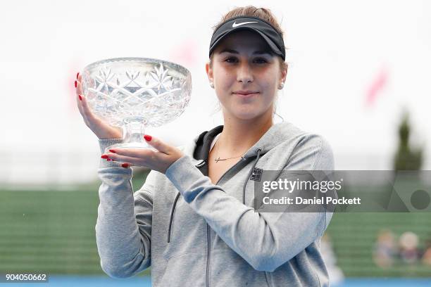 Belinda Bencic of Switzerland poses for a photo after defeating Andrea Petkovic of Germany in the WOmenb's Singles Final during day four of the 2018...