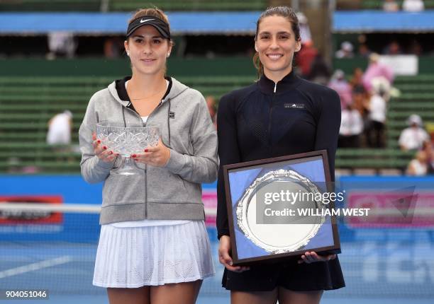 Belinda Bencic of Switzerland holds the trophy with runner-up Andrea Petkovic of Germany after the women's singles final match of the Kooyong Classic...