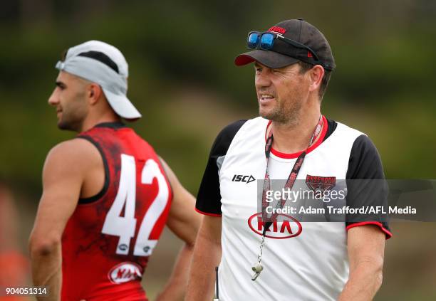Mark Harvey, Line Coach of the Bombers looks on during the Essendon Bombers training session at The Hangar on January 12, 2018 in Melbourne,...