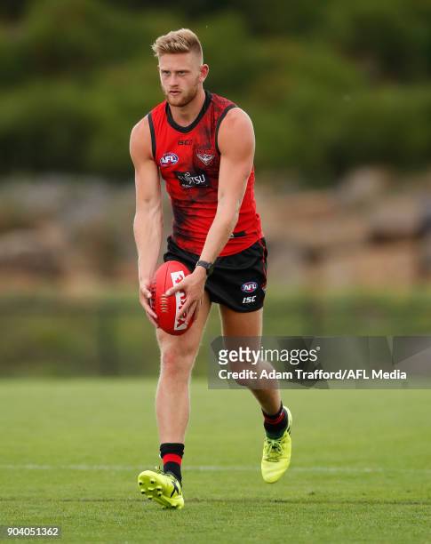 Jayden Laverde of the Bombers lines up for goal during the Essendon Bombers training session at The Hangar on January 12, 2018 in Melbourne,...