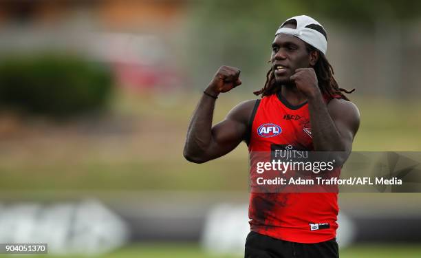 Anthony McDonald-Tipungwuti of the Bombers gestures during the Essendon Bombers training session at The Hangar on January 12, 2018 in Melbourne,...