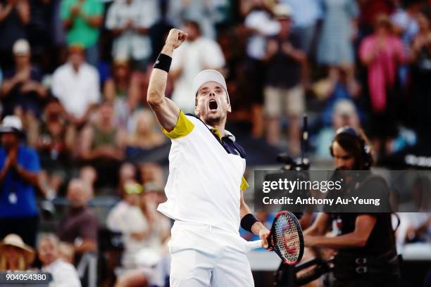 Roberto Bautista Agut of Spain celebrates after winning his semi final match against Robin Haase of the Netherlands during day five of the 2018 ASB...