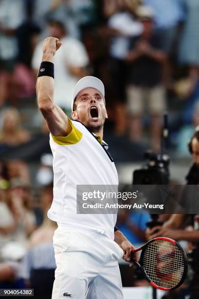 Roberto Bautista Agut of Spain celebrates after winning his semi final match against Robin Haase of the Netherlands during day five of the 2018 ASB...