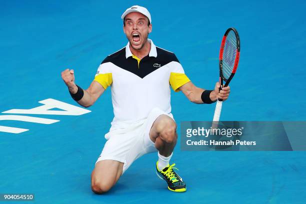 Roberto Bautista Agut of Spain celebrates winning his semi final match against Robin Haase of the Netherlands during day five of the 2018 ASB Men's...