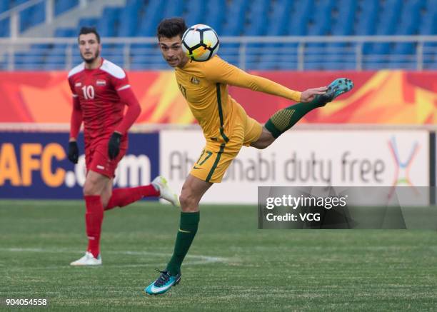 Brandon Wilson of Australia drives the ball during the AFC U-23 Championship Group D match between Australia and Syria at Kunshan Sports Center on...