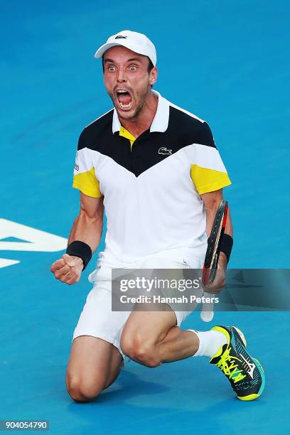 Roberto Bautista Agut of Spain celebrates winning his semi final match against Robin Haase of the Netherlands during day five of the 2018 ASB Men's...