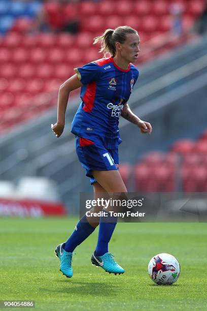 Emily Van Egmond of the Jets controls the ball during the round 11 W-League match between the Newcastle Jets and Adelaide United at McDonald Jones...