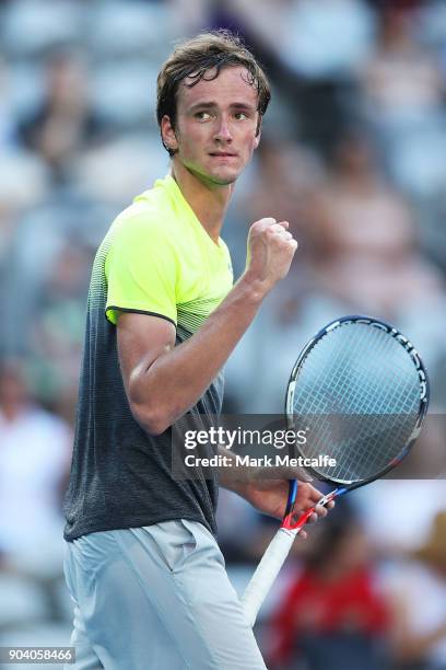 Daniil Medvedev of Russia celebrates winning match point in his semi final match against Fabio Fognini of Italy during day six of the 2018 Sydney...