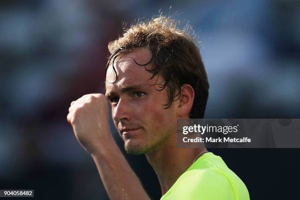 Daniil Medvedev of Russia celebrates winning match point in his semi final match against Fabio Fognini of Italy during day six of the 2018 Sydney...