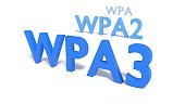 The three abbreviations WPA3 WPA2 and WPA on white floor fading into blur