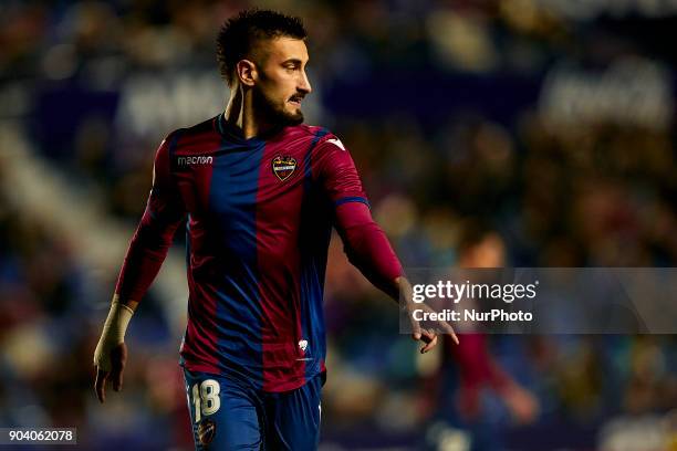 Cacao of Levante UD reacts during the Copa del Rey Round of 16, second leg game between Levante UD and RCD Espanyol at Ciutat de Valencia stadium on...