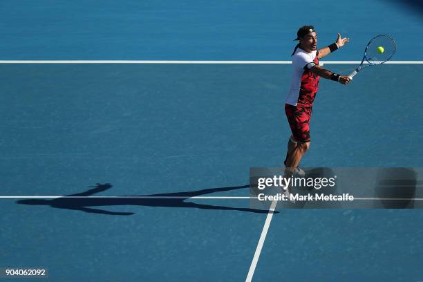 Fabio Fognini of Italy plays a backhand volley in his semi final match against Daniil Medvedev of Russia during day six of the 2018 Sydney...