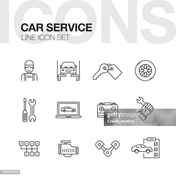 ilustraciones, imágenes clip art, dibujos animados e iconos de stock de conjunto de iconos coche reparación línea de servicio - garaje