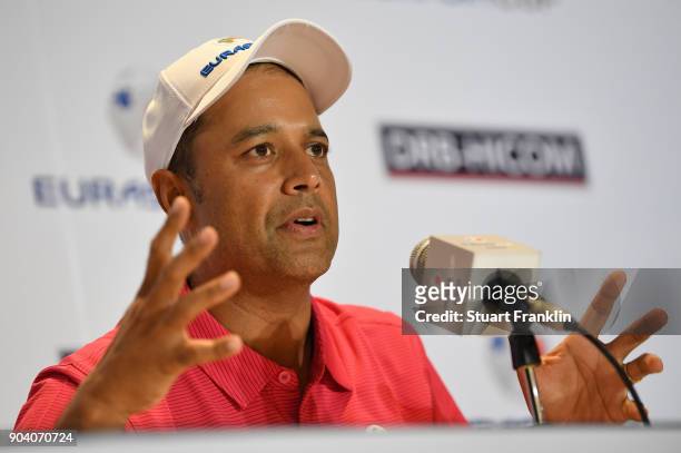 Arjun Atwal, Captain of Team Asia talks to the media after the first days fourball matches of the EurAsia Cup at Glenmarie G&CC on January 12, 2018...
