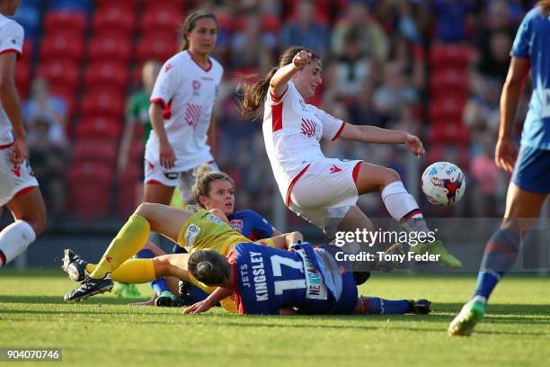 Danielle Colaprico of Adelaide clears the ball during the round 11 W-League match between the Newcastle Jets and Adelaide United at McDonald Jones...