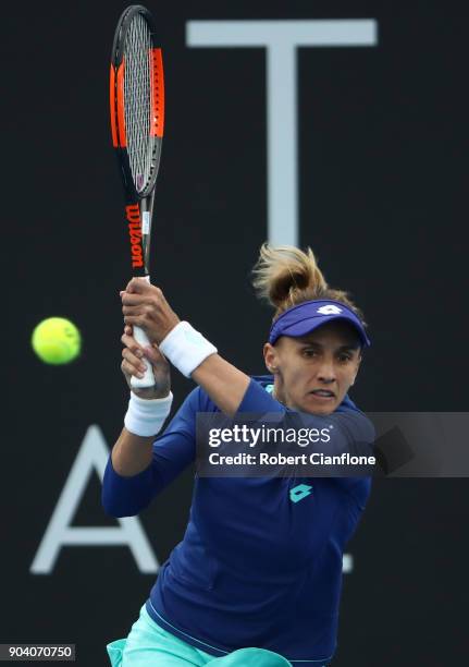 Lesia Tsurenko of the Ukraine plays a backhand during the semi finals singles match against Mihaela Buzarnescu of Romania during the 2018 Hobart...