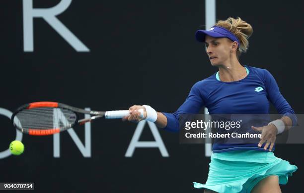 Lesia Tsurenko of the Ukraine plays a forehand during the semi finals singles match against Mihaela Buzarnescu of Romania during the 2018 Hobart...