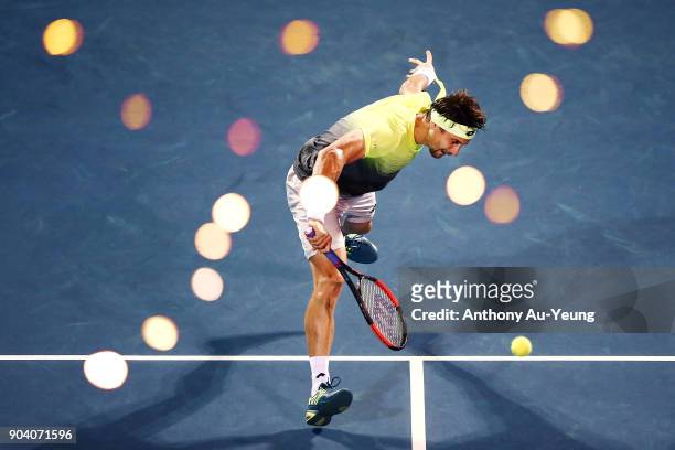 David Ferrer of Spain plays a volley in his semi final match against Juan Martin del Potro of Argentina during day five of the 2018 ASB Men's Classic...
