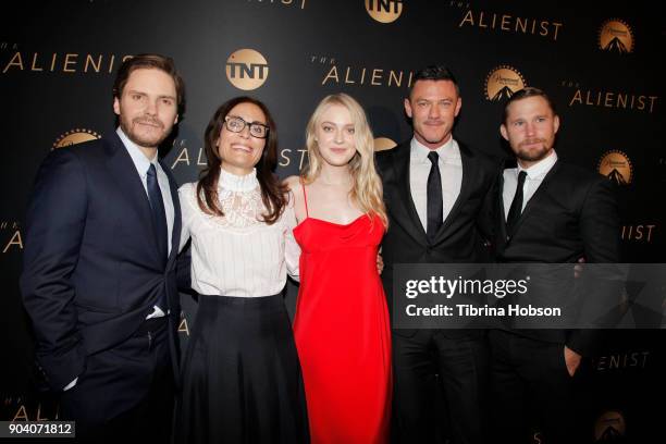 Daniel Bruhl, Sarah Aubrey, Dakota Fanning, Luke Evans and Brian Geraghty attends the premiere of TNT's 'The Alienist' on January 11, 2018 in Los...