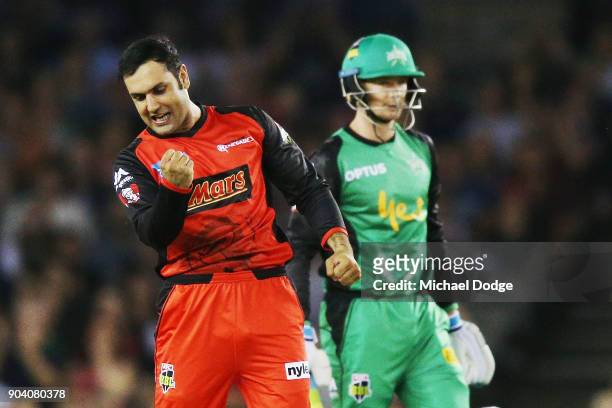 Mohammad Nabi of the Renegades celebrates the wicket of Ben Dunk of the Stars during the Big Bash League match between the Melbourne Renegades and...