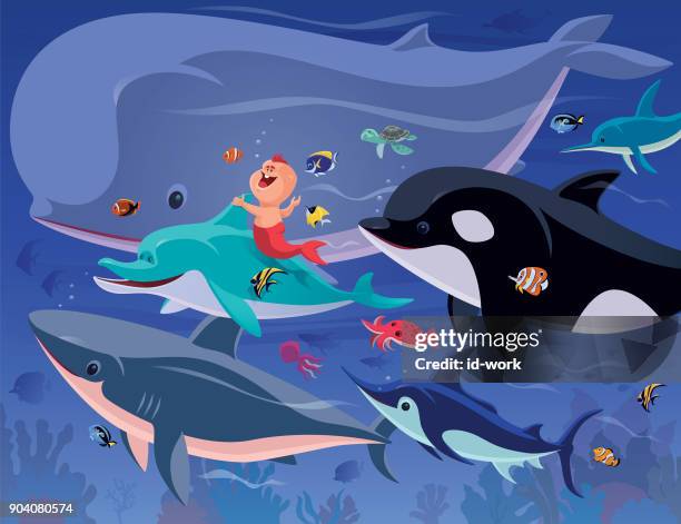 illustrazioni stock, clip art, cartoni animati e icone di tendenza di felice raduno sirena bambino con creature marine - marlin