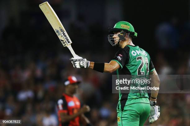 Kevin Pietersen of the Stars celebrates making his half century during the Big Bash League match between the Melbourne Renegades and the Melbourne...