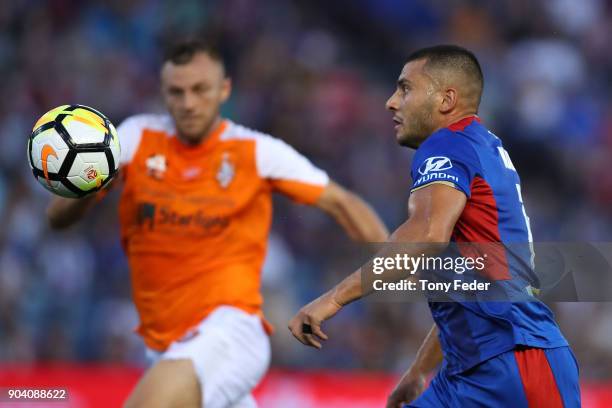 Andrew Nabbout of the Jets controls the ball during the round 16 A-League match between the Newcastle Jets and the Brisbane Roar at McDonald Jones...