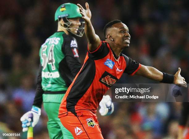 Dwayne Bravo of the Renegades appeals for a LBW during the Big Bash League match between the Melbourne Renegades and the Melbourne Stars at Etihad...