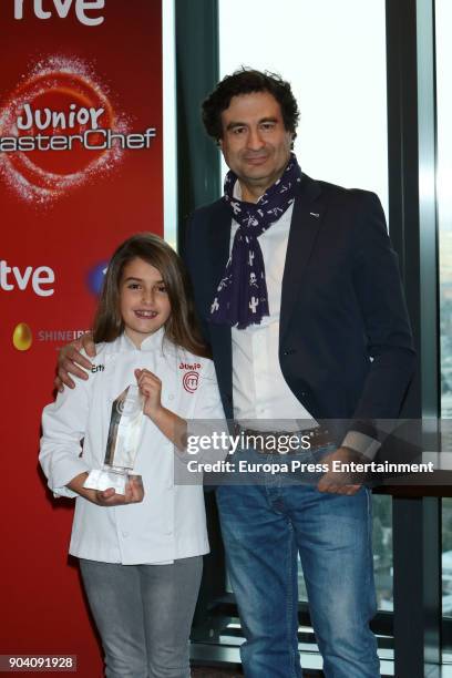 Esther Requena, winner of 'MasterChef Junior 3' and chef Pepe Rodriguez pose for a photo session on January 11, 2018 in Madrid, Spain.