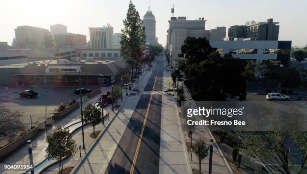 Look south on Fulton Street near Tuolumne Street in downtown Fresno is observed in this aerial drone image photographed on Sunday, Oct. 15, 2017. The...