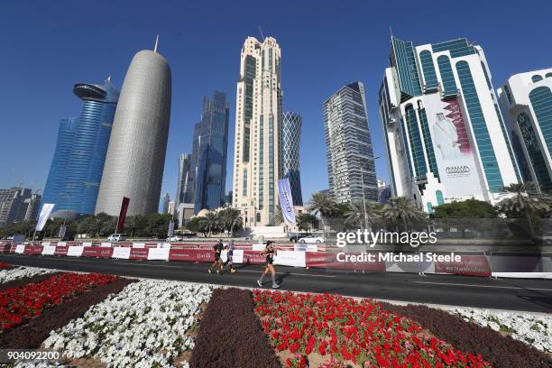 General view as athletes pass the downtown skycrapers on Al Corniche. The Ooredoo Doha Marathon is Qatar's largest mass-participation sports event...