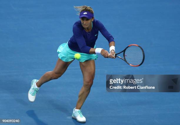 Lesia Tsurenko of the Ukraine plays a backhand during the semi finals singles match against Mihaela Buzarnescu of Romania during the 2018 Hobart...