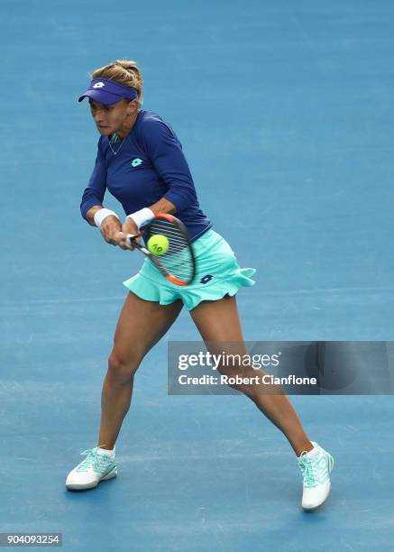 Lesia Tsurenko of the Ukraine plays a backhand during the semi finals singles match against Mihaela Buzarnescu of Romania during the 2018 Hobart...