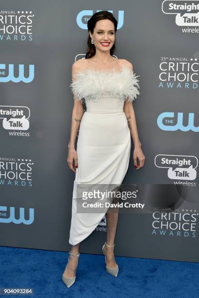 Angelina Jolie attends The 23rd Annual Critics' Choice Awards - Arrivals at The Barker Hanger on January 11, 2018 in Santa Monica, California.