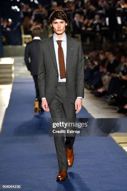 Model walks the runway at the Brooks Brothers show during the 93. Pitti Immagine Uomo at Fortezza Da Basso on January 10, 2018 in Florence, Italy.